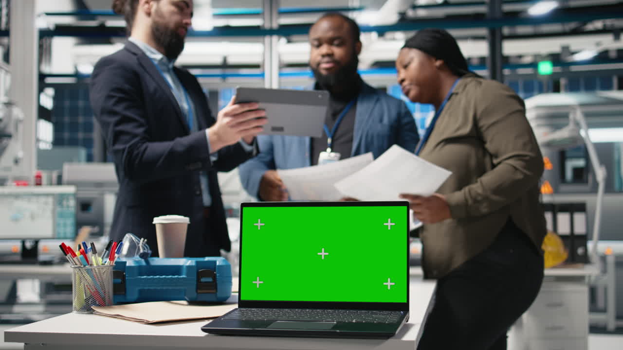 Team discussing plans in front of a laptop with a green screen