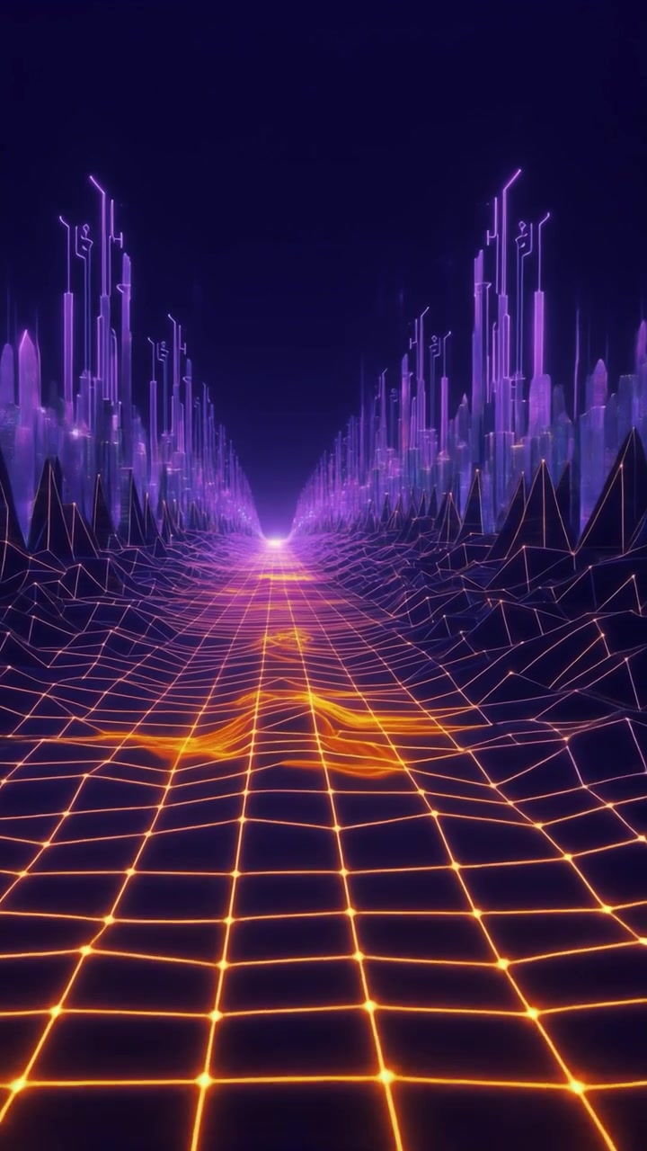 Paesaggio digitale futuristico con griglia al neon luminosa e strutture astratte