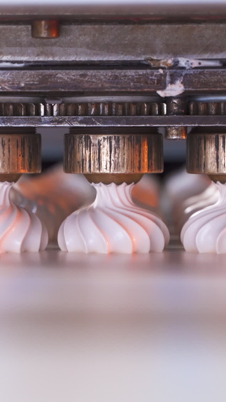 Automatic line for the production of marshmallows. Device for forming sweet confectionery products. Food factory concept. Vertical video