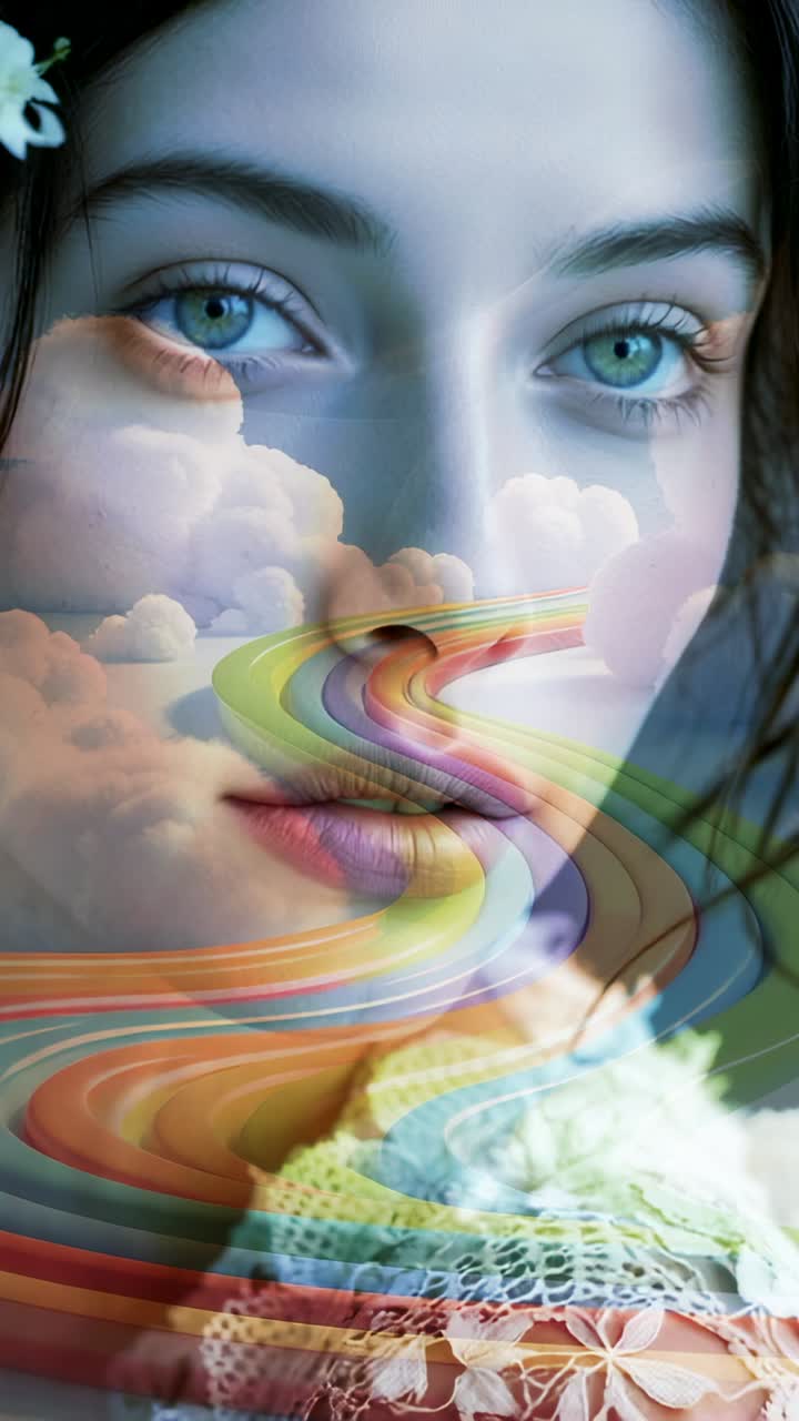 Vertical video: Opening shot showing woman blinking as ribbon sweeping across face in cloudy studio
