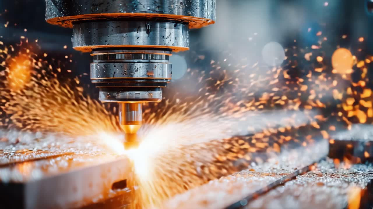 Processo di lavorazione meccanica dinamico catturato: Taglio di precisione con una fresatrice CNC crea scintille e trucioli metallici in un ambiente di officina ad alta tecnologia.