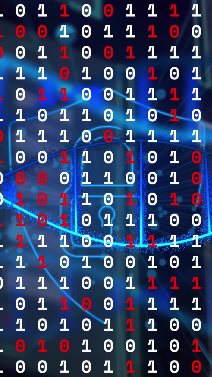 Animation of lock in shield with dna helix and binary codes over abstract pattern