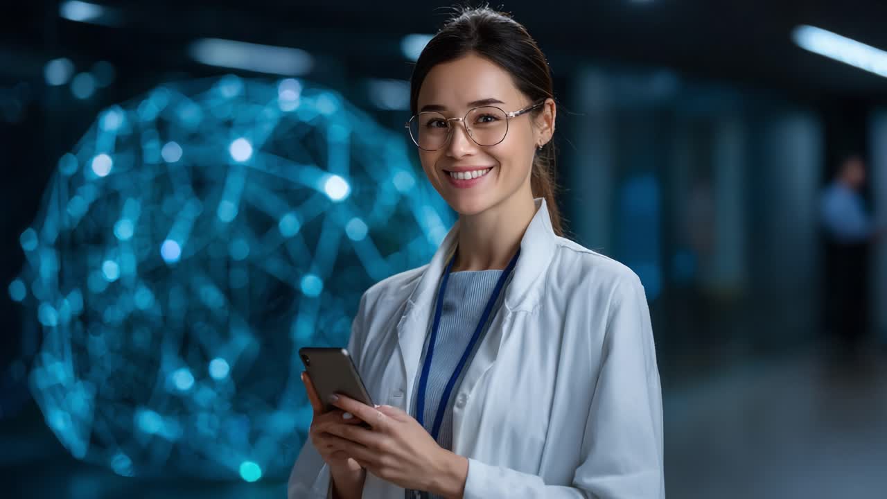 A confident young professional in a white lab coat smiles while holding a smartphone, showcasing a modern technology backdrop that highlights innovation and connection