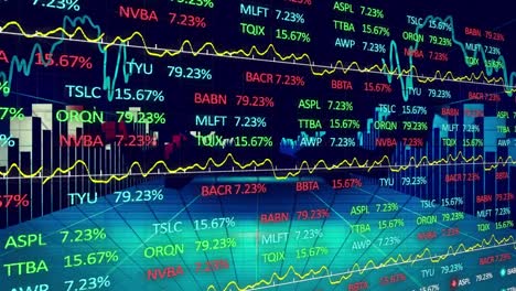 Animation-of-data-processing-and-stock-market-on-black-background