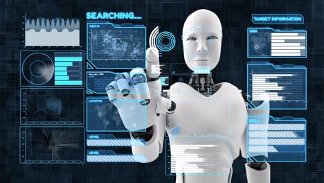 robot futurista, inteligencia artificial cgi análisis y programación de grandes datos