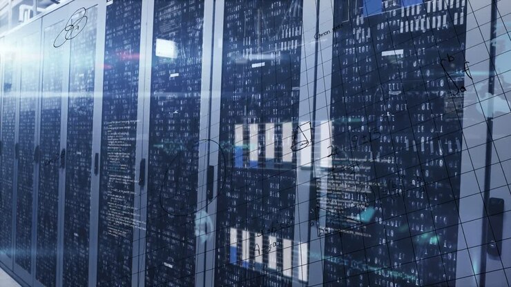 Animation of mathematical equations and data processing against empty computer server room