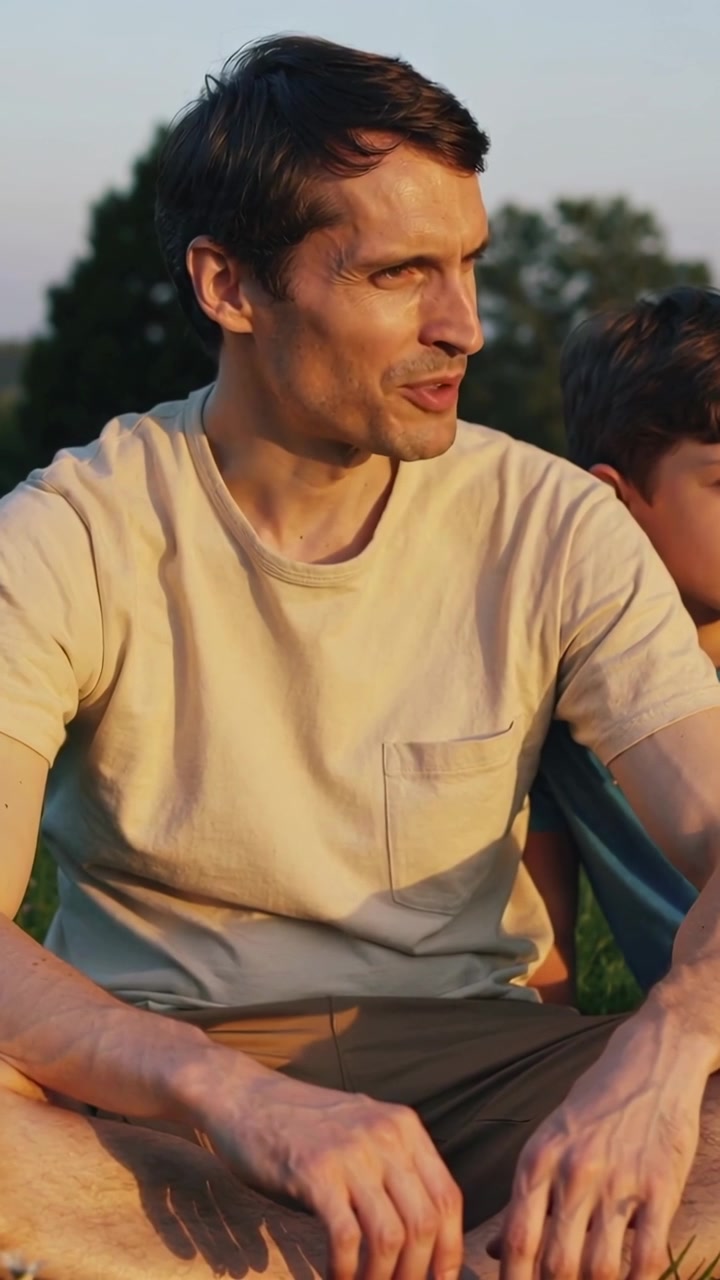 Pystyvideo: Mies beigessä t-paidassa kuulee kutsun, istuu, puhuu ja elehtii pellolla, lapsi lähellä.