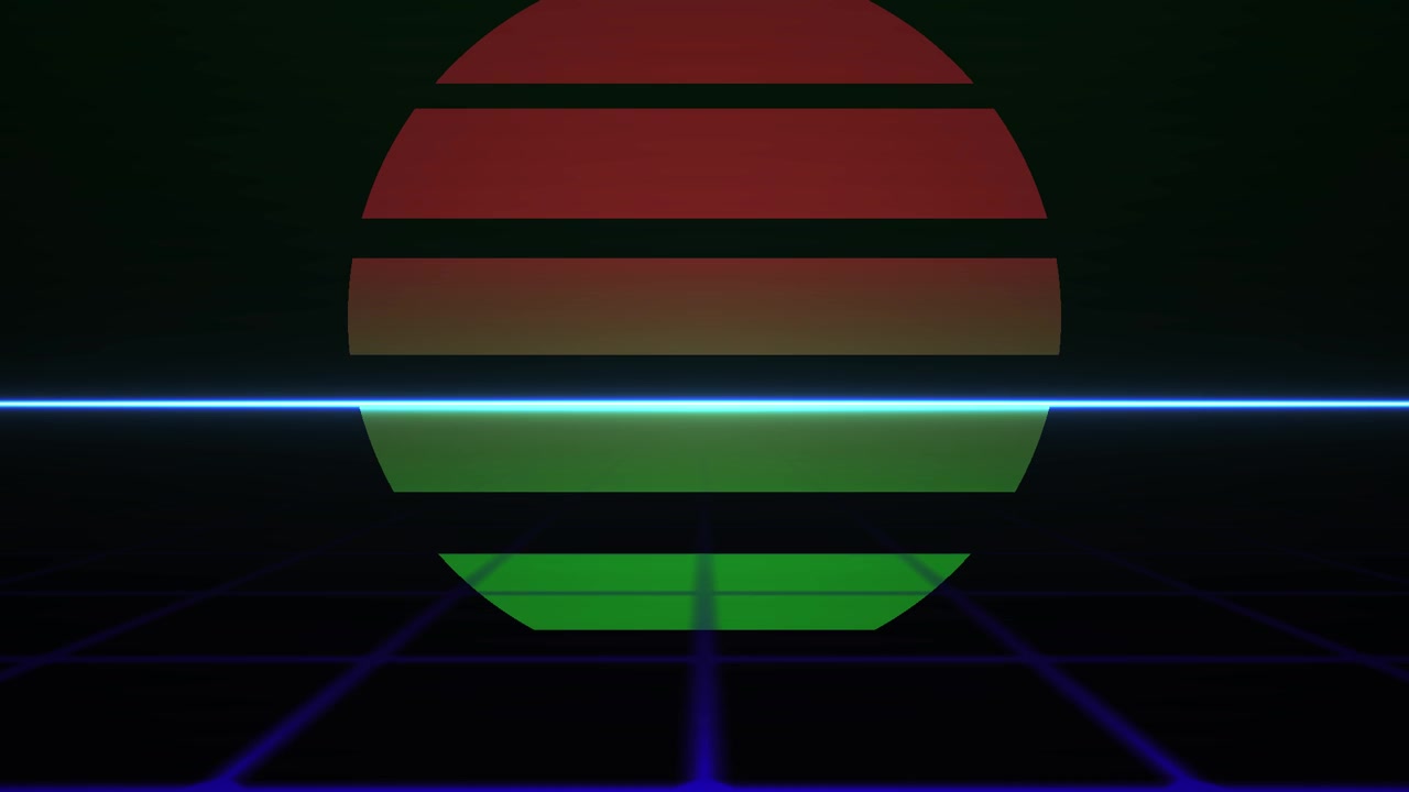 Retro synthwave-sol med bevægelig laserlinje og digitalt gitter