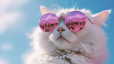 a fluffy white cat wearing pink sunglasses, shot from a low angle against a blue sky, giving a cool