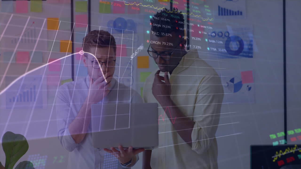 Animation of data processing over diverse business people talking in office