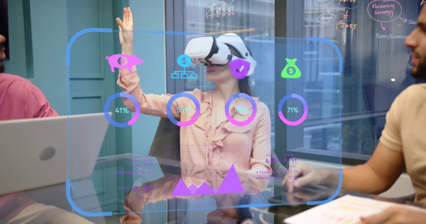 Woman wearing VR headset tapping piggy-bank icon and updating finance metrics for budget planning