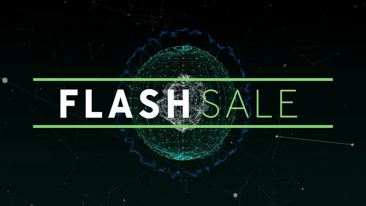 Flash Sale text animation over digital globe with connecting lines and nodes