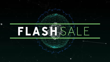animación de texto de venta en flash sobre globo digital con líneas y nodos de conexión