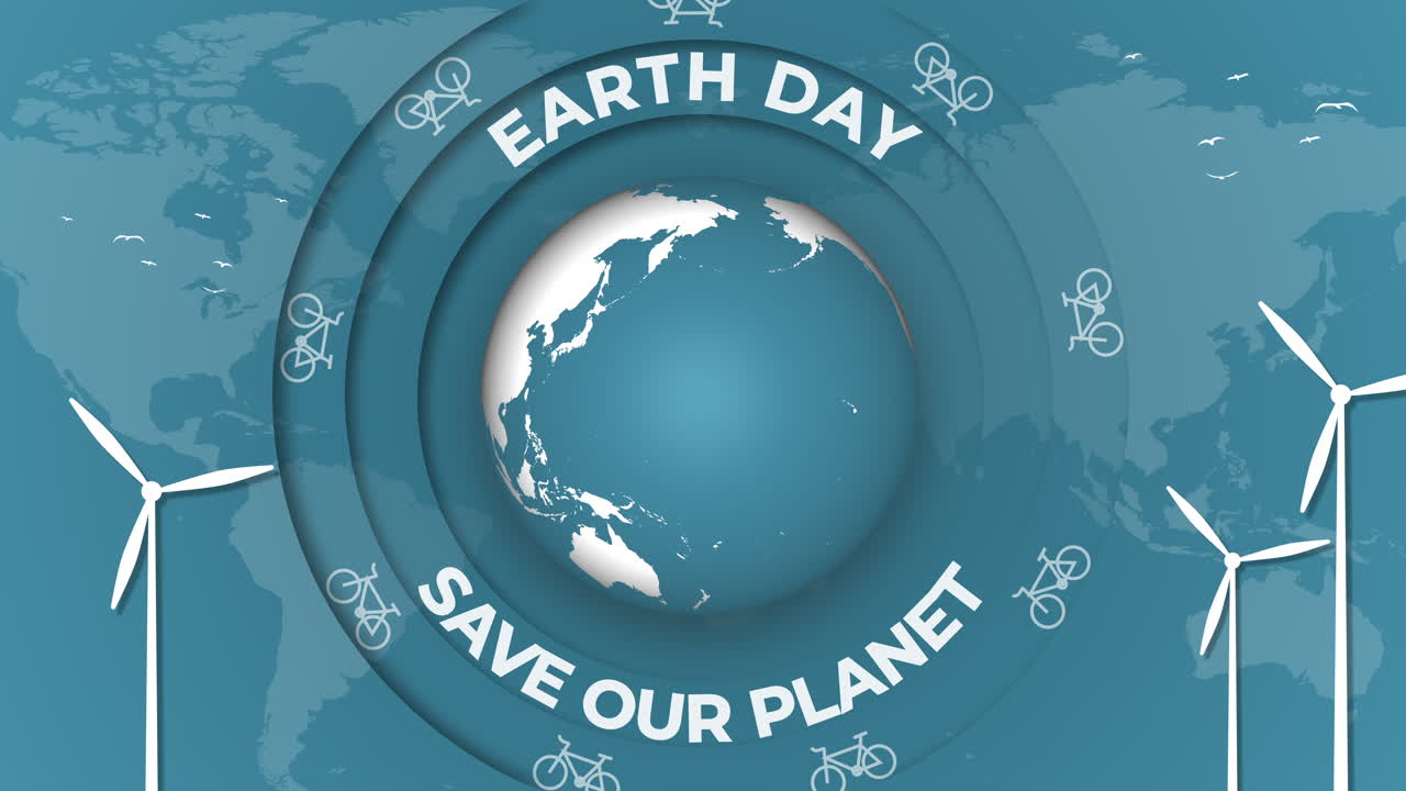 Earth day. Graphic animation with planet Earth rotating. Bicycle and windmill icons on blue background with a world map. Looped video. Save our planet.