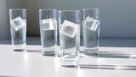 four glasses of water with ice cubes