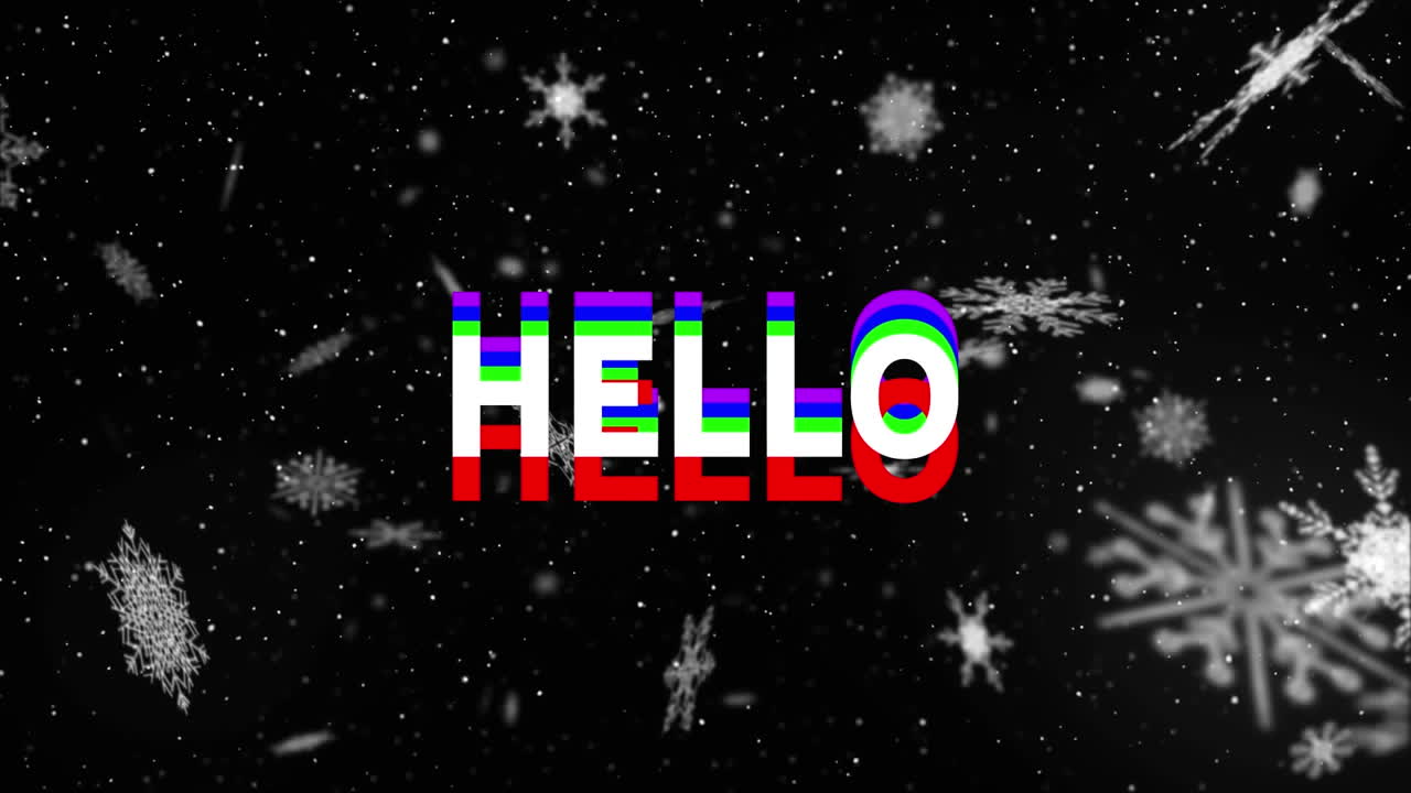 animación de hello sobre copos de nieve sobre fondo negro