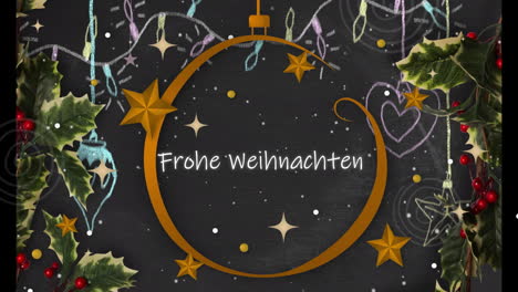 frohe weihnachten text animation over festive christmas decorations and chalkboard background