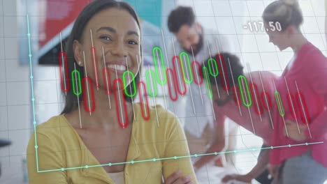 Animation-of-financial-data-processing-over-african-american-businesswoman-smiling