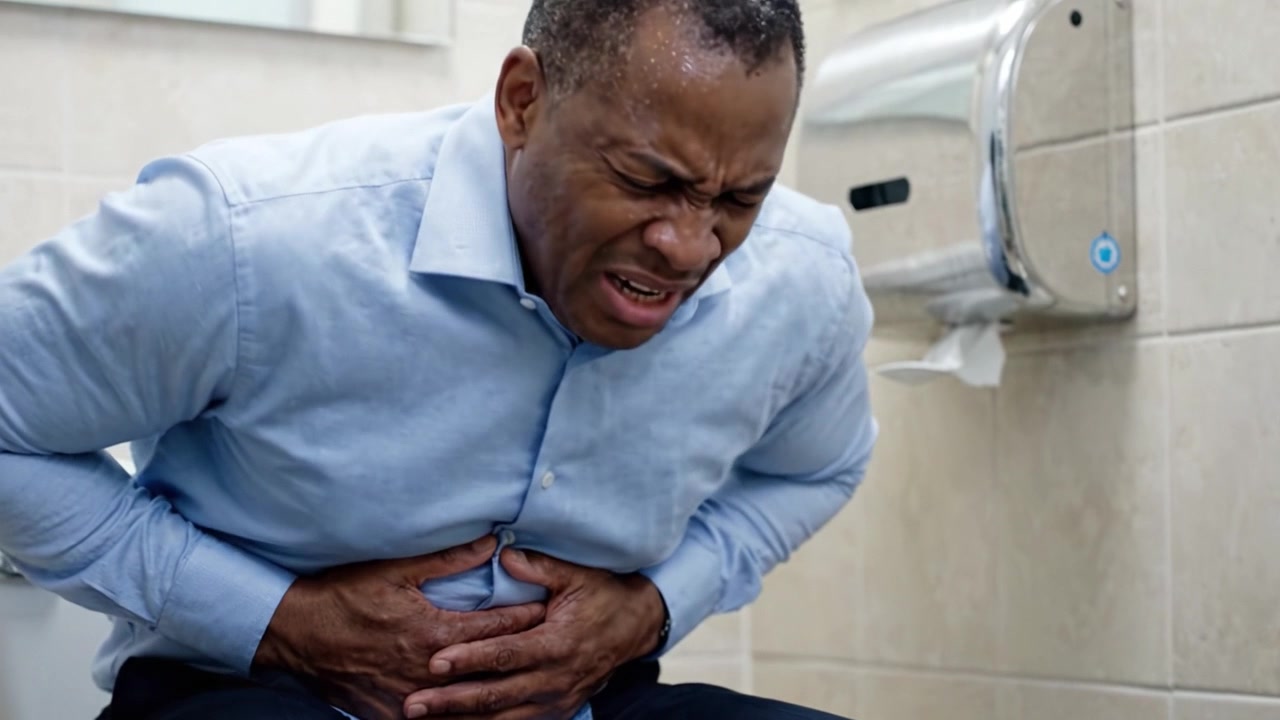 A Man Experiencing Severe Stomach Pain: A Close-Up Look at Discomfort and Distress in a Restroom Setting as the Situation Unfolds