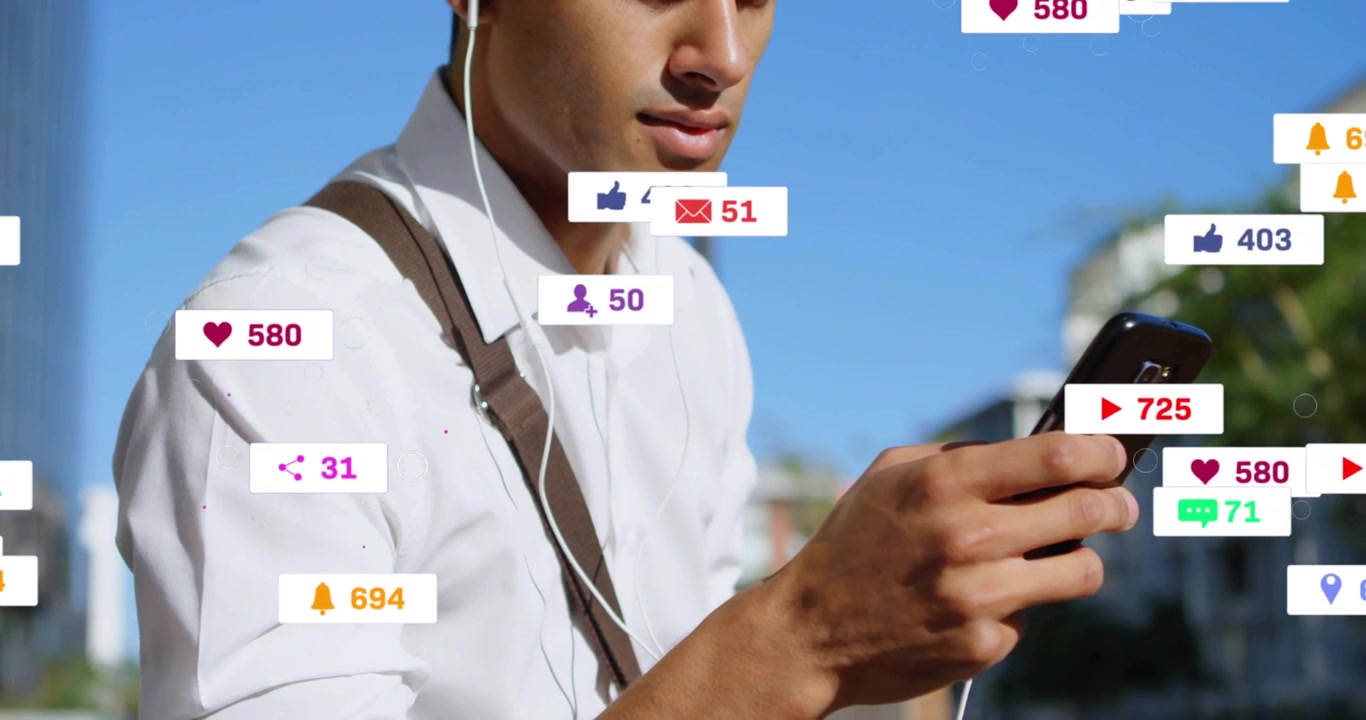 Man tapping smartphone while checking messages outdoors, causing social badges growing then fading