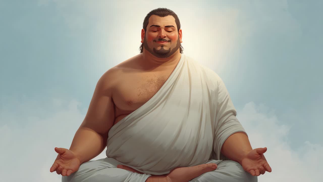 Bulut üzerinde lotus pozisyonunda oturan, beyazlar içinde meditasyon yapan adam, sakinleşmek için derin nefes alarak haleyi aydınlatıyor