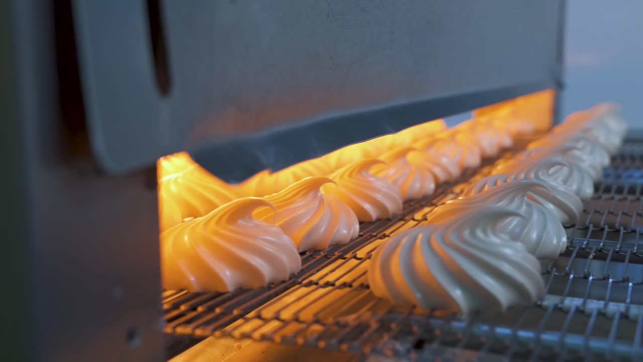 Automatic feeding of marshmallows on a conveyor to an infrared oven for drying. Confectionery factory