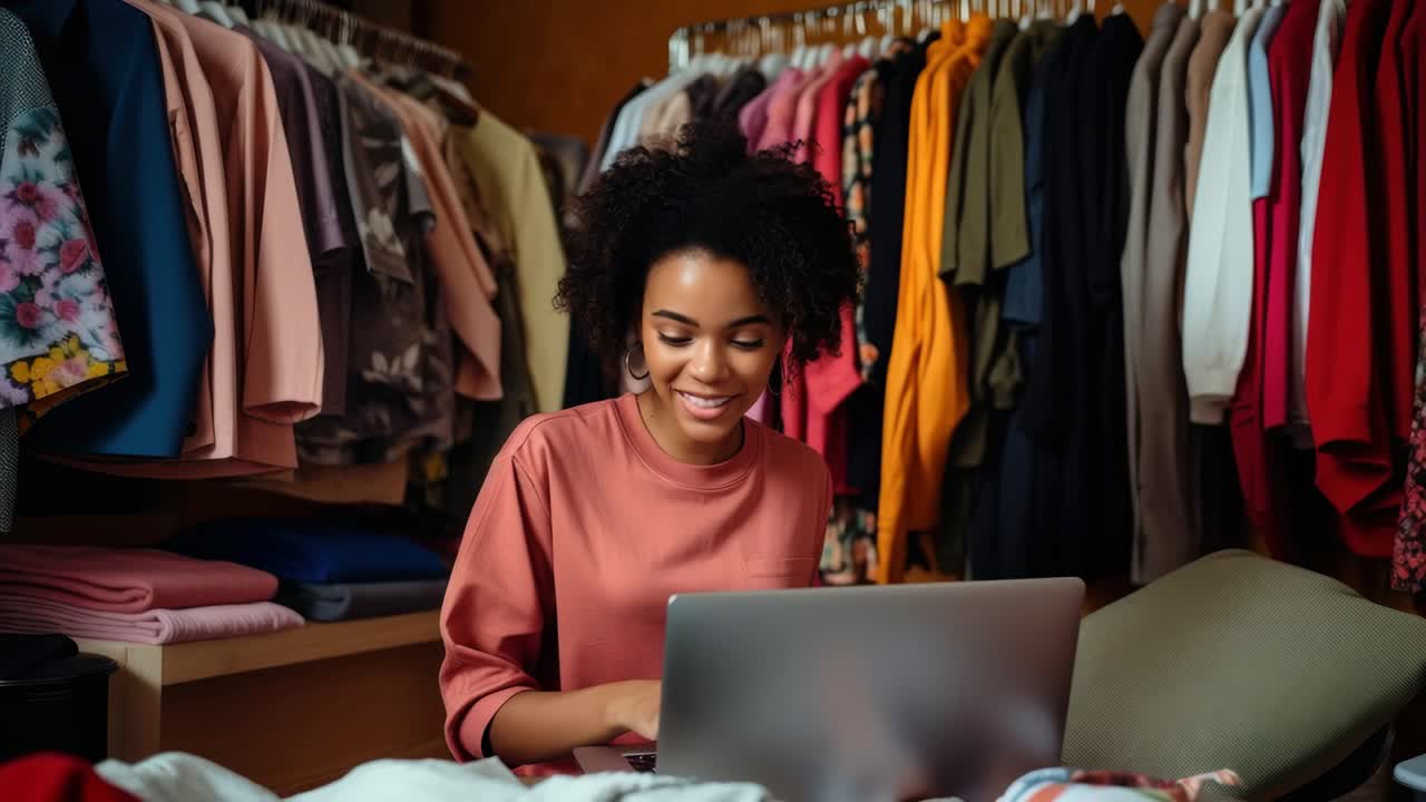 Uma mulher sorri enquanto trabalha em um laptop em uma loja de roupas