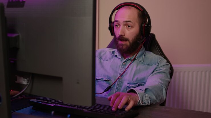 Primo piano di un uomo con cuffie da gaming che gioca in streaming a un videogioco d'azione multigiocatore online