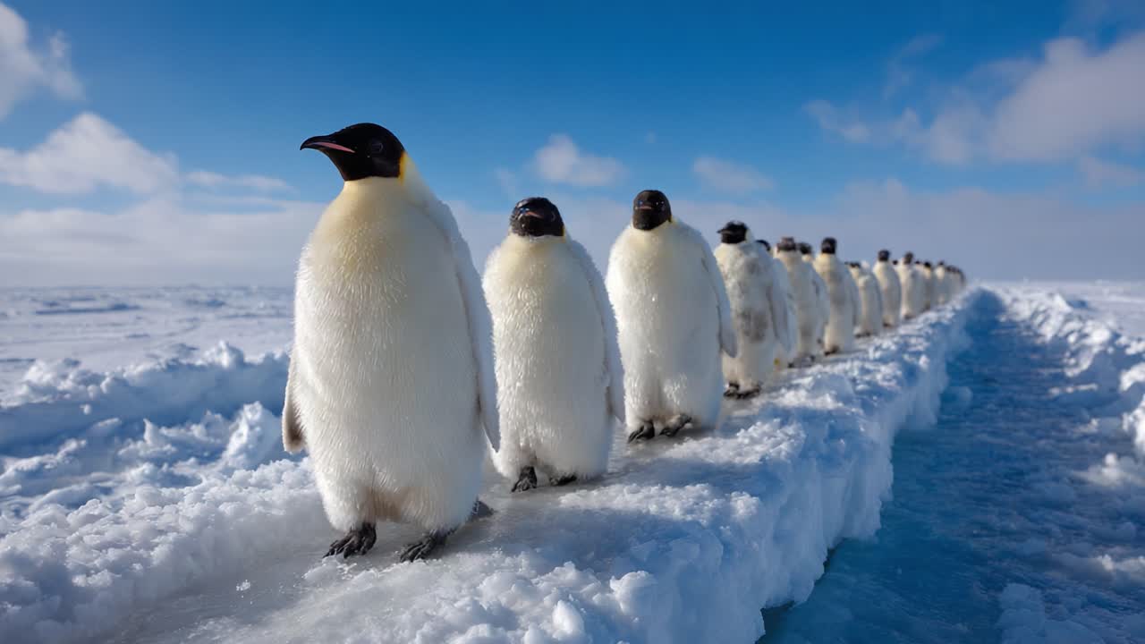 A Visual Journey of Emperor Penguins Marching in Formation Across the Icy Landscape, Capturing Their Resilience and Adaptation to the Harsh Antarctic Environment