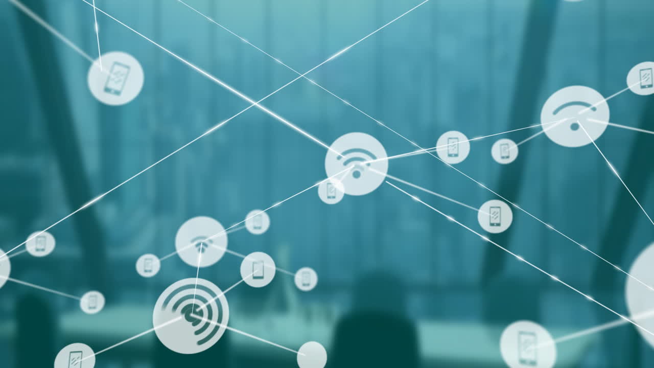animación de la red de dispositivos conectados y símbolos wi-fi en el fondo de la oficina