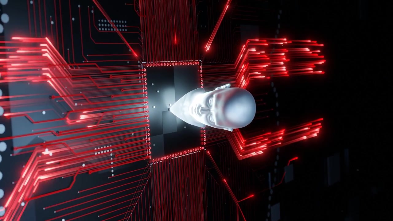 Human head model on a microchip with glowing red digital connections on a dark circuit board. Artificial intelligence and neural network concept. Design for banner, poster, wallpaper, and verrtical