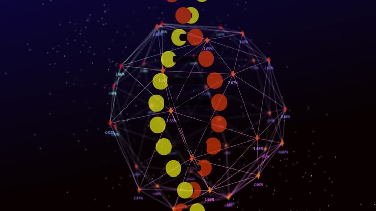 Animation of dna structure spinning over globe of network of connections against blue background
