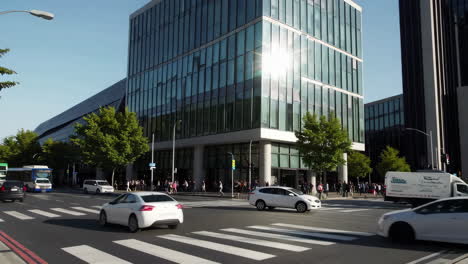 bustling city street with modern architecture and pedestrians