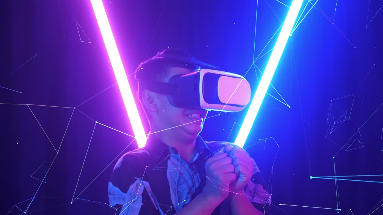 Vr, Futuristic, Entertainment Concept. Excited Asian Boy Using Virtual Reality Headset And Feel Scary With Neon Light At The Background