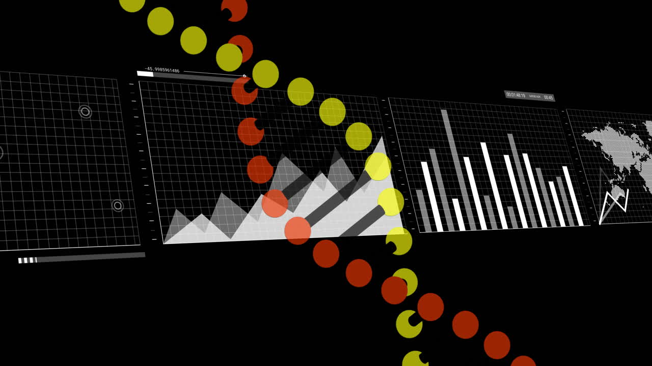 Animation of graphs and charts over colorful circular patterns on black background