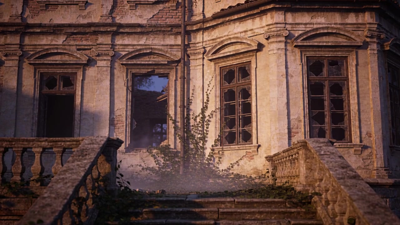 Sole basso che riscalda la facciata del palazzo, nebbia che si sposta sui gradini verso l'ingresso aperto, finestre rotte, viti.