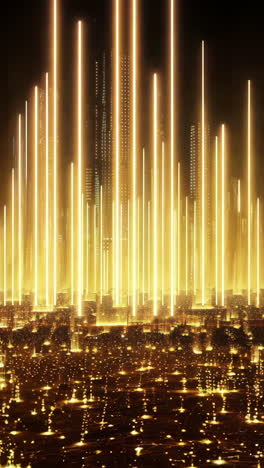 A cityscape with tall buildings lit up in gold. The city appears to be a futuristic metropolis