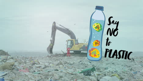 animación de decir no al texto de plástico y botella con pescado sobre la basura en el vertedero