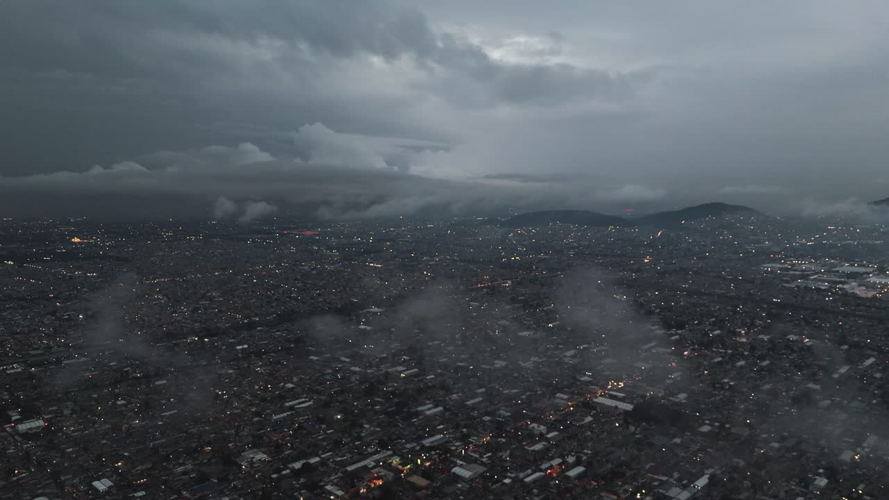 Ecatepec's rainy season with low clouds, captured by drone