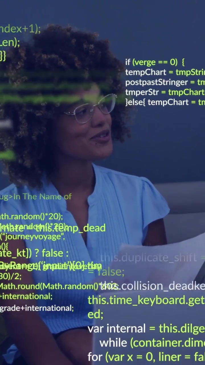 Vertical video: Woman reading docs, glancing at laptop, reviewing code while green overlay growing