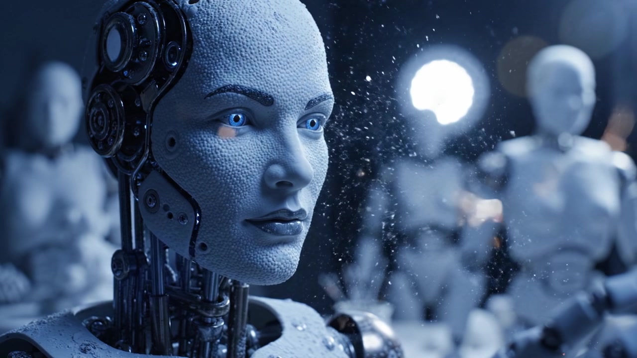 Esplorando l'intersezione tra umanità e tecnologia: Primo piano accattivante di un volto robotico altamente dettagliato con occhi blu in un ambiente da studio