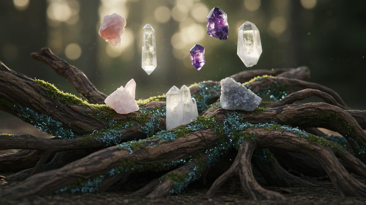 A mesmerizing display of luminous crystals levitating above a gnarled tree trunk, surrounded by vibrant moss and shimmering light in a serene forest setting