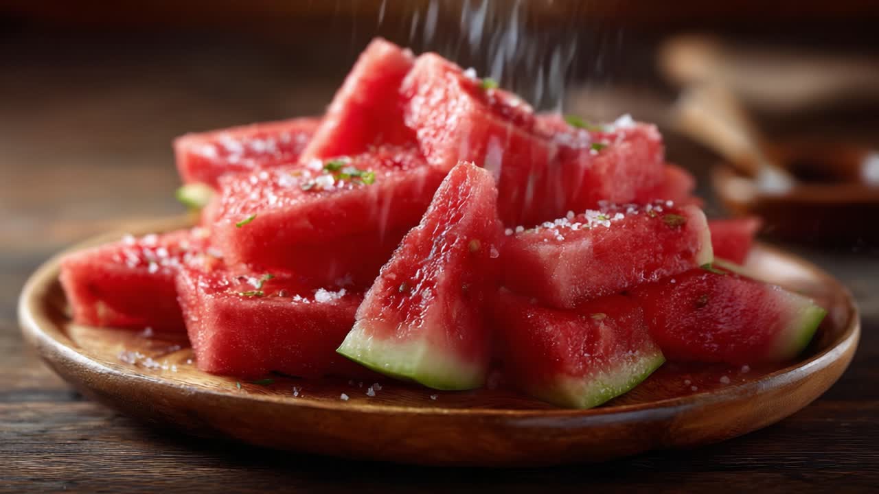 A Delicious Dish of Fresh Watermelon Cubes Sprinkled with Salt, Perfect for a Summer Treat or Healthy Snack, Showcasing the Vibrant Colors and Juicy Texture