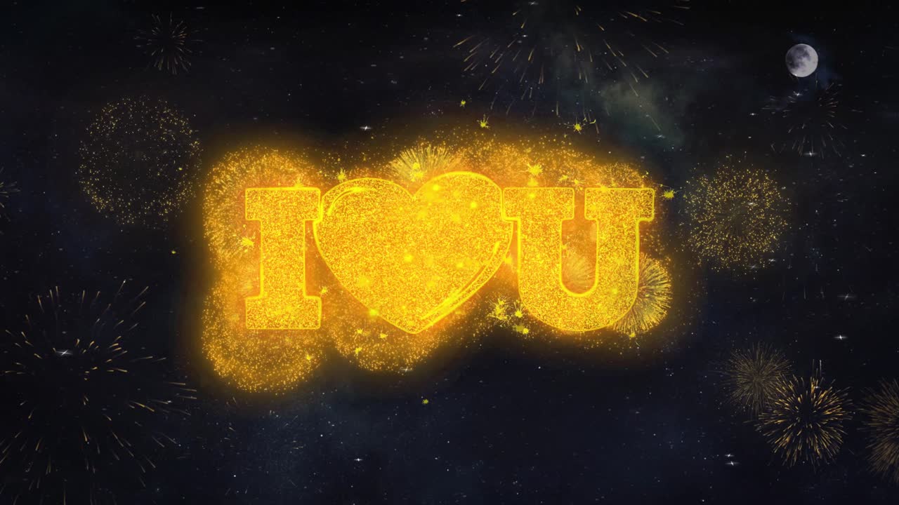 I heart you text typography reveal from golden firework crackers particles night sky 4k background