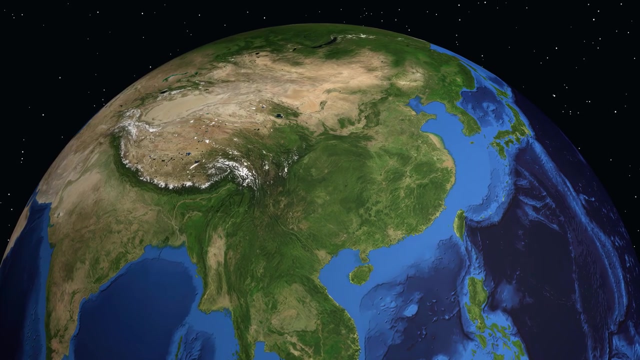 Un globo digitale ruota e zooma su Yibin, Cina, con testo che visualizza le statistiche sulla popolazione locale.
