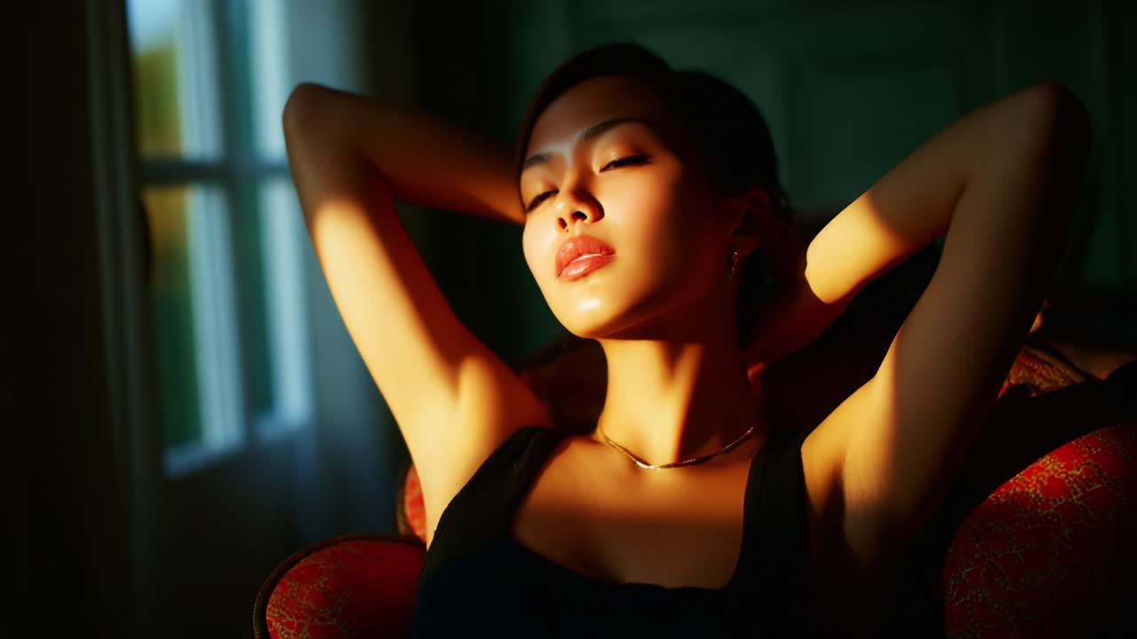 A Beautiful Woman Relaxing in Soft Ambient Light, Capturing the Essence of Serenity and Elegance While Posing Gracefully on a Plush Chair, Surrounded by Gentle Shadows and Warm Tones