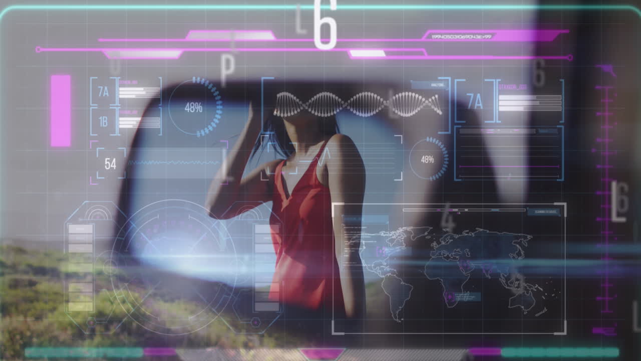 animación de procesamiento de datos sobre mujer caucásica con coche.