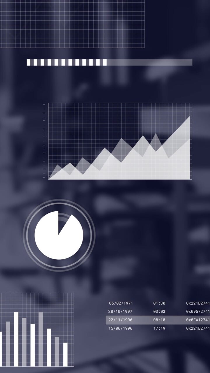 Animation of financial data processing over desk in office