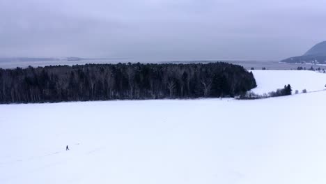 Luftaufnahme-Eines-Mannes,-Der-Im-Schnee-In-Der-Nähe-Des-Waldes-Und-Des-Sankt-Lorenz-Stroms-Spaziert