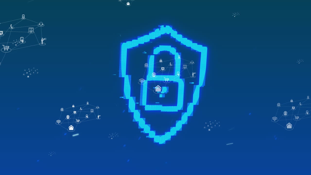 Animation of blue online security padlock and digital icons over blue background